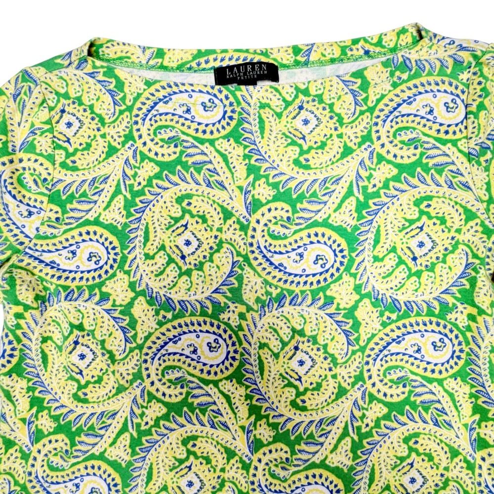 Lauren Ralph Lauren Green Paisley Boat Neck Cotton Petite Large Top Y2K Coastal - Picture 4 of 5